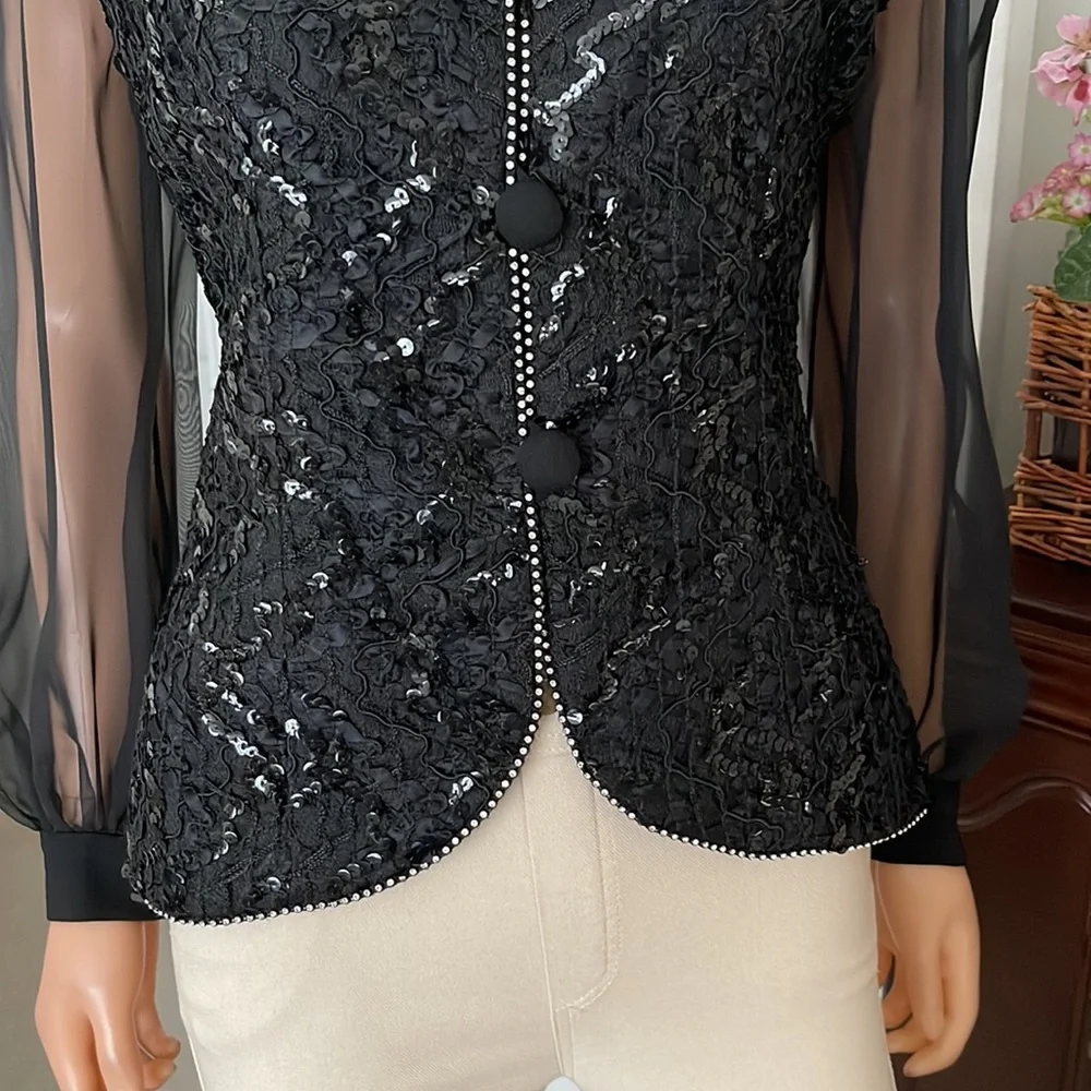 NWOT Vintage Black Sequin and Chiffon Statement Blouse J. Benjamin